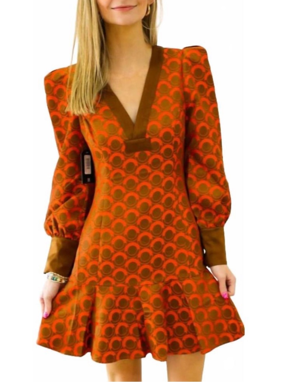 Emily McCarthy Retro Circle-Print Jenny Long Sleeve Dress in Coral and Brow NWOT